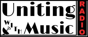Uniting With Music Radio Logo, features Uniting With Music spelt in an art deco style, with radio written in red stacked top to bottom to the right of the logo, a small satellite dish with radio waves sits in the bottom left corner of the logo. Listen. PRIR. Even More. Cave