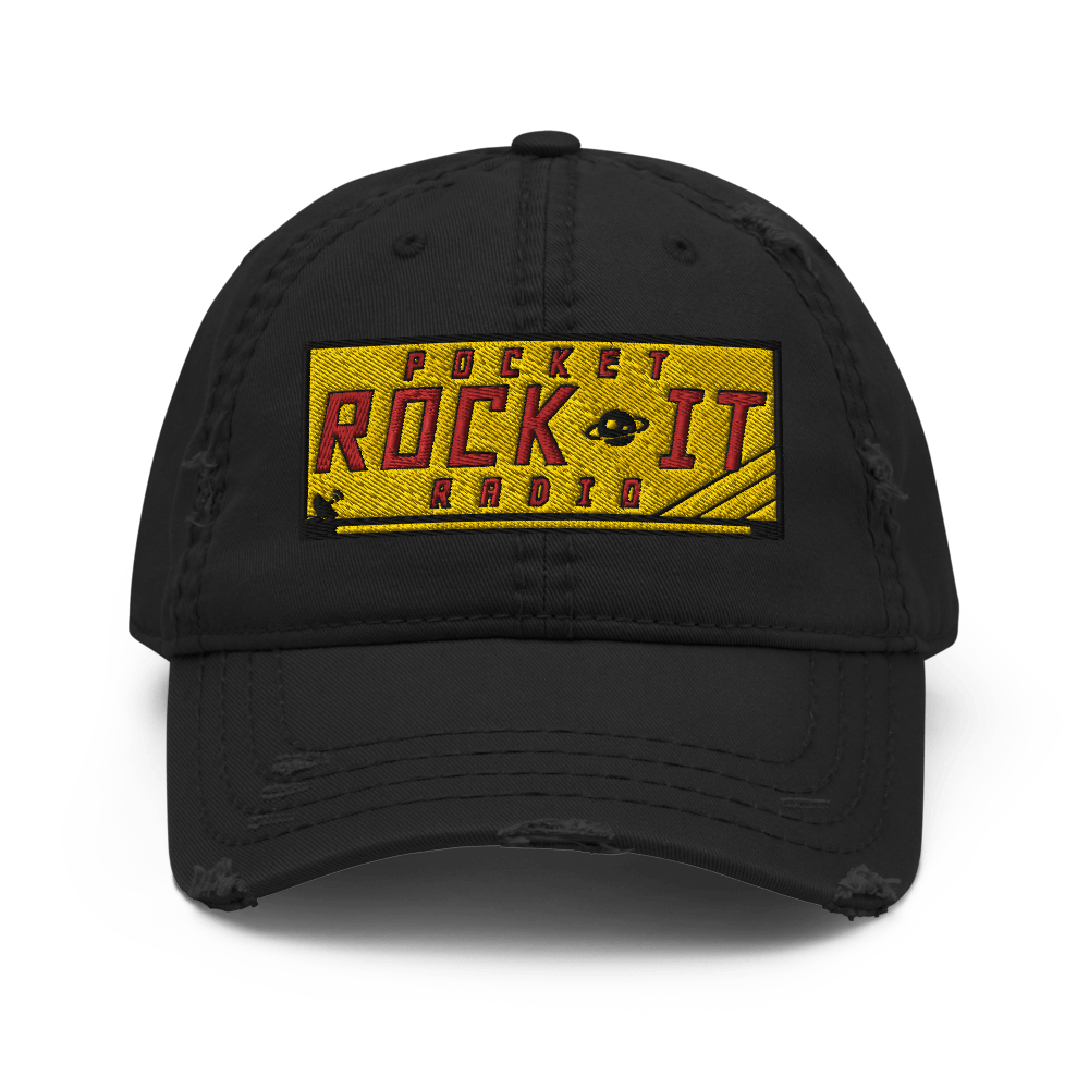 A distressed black baseball hat with the Pocket Rock It Radio logo embroidered upon the front. PRIR shoppe