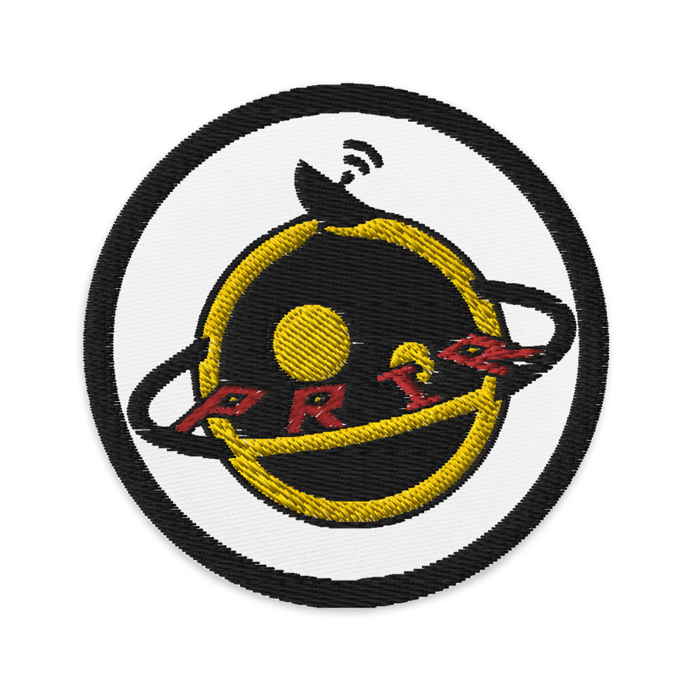 An embroidered patch with the PRIR Globe logo upon it. PRIR shoppe